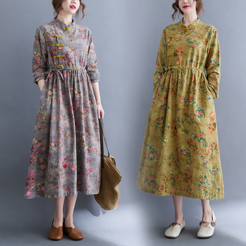 花柄ワンピース ワンピース フレアワンピース ミモレ ミモレ丈 袖あり 長袖 スタンドカラー フレア