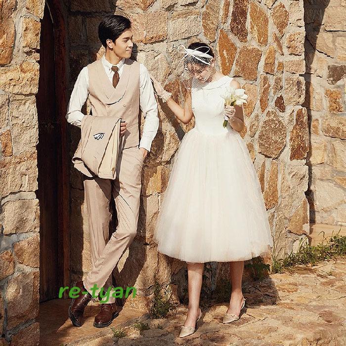 ミモレ丈ドレス ウェディングドレス 結婚式 白ワンピース 二次会 花嫁 Aライン チュールスカート 可愛い パーティードレス旅行 海外撮影 春 夏 秋 ビーチフォト-137