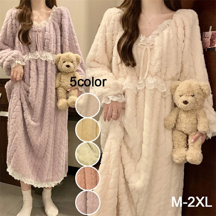 パジャマ レディース 冬 ワンピース ルームウェア もこもこ ルームワンピース ワンピースパジャマ 部屋着 可愛い ネグリジェ 厚手 長袖 寝巻き ふわふわ 暖か 寝間着 春 秋 冬 M-2XL