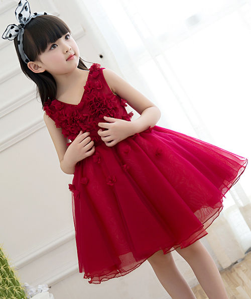 在庫処分　即納　100CM　レッド　花柄　子供ドレス　ノースリーブ　フォーマル　ワンピース　キッズ服 子供服 女の子 ワンピース 子ども　発表会　七五三　演出舞台　結婚式　卒業園　入園式 1917