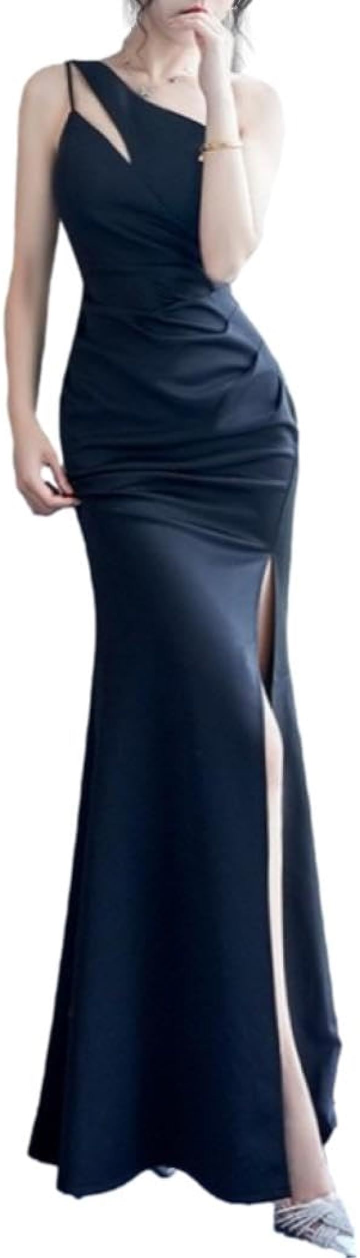 キャバドレス ロングワンピース イブニングドレス スリット ワンショルダー マキシ ノースリーブ ウエストマーク レディース E87( ブラック, XL)