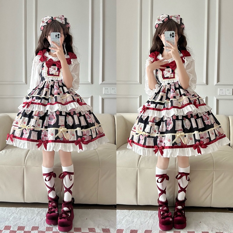 昭和ロリータ 昭和からの手紙 ロリータドレス オリジナル 本物ケーキスカート キュートスイートjskロリータスカート フルスタイル 長袖ロング・マキシ丈ワンピ