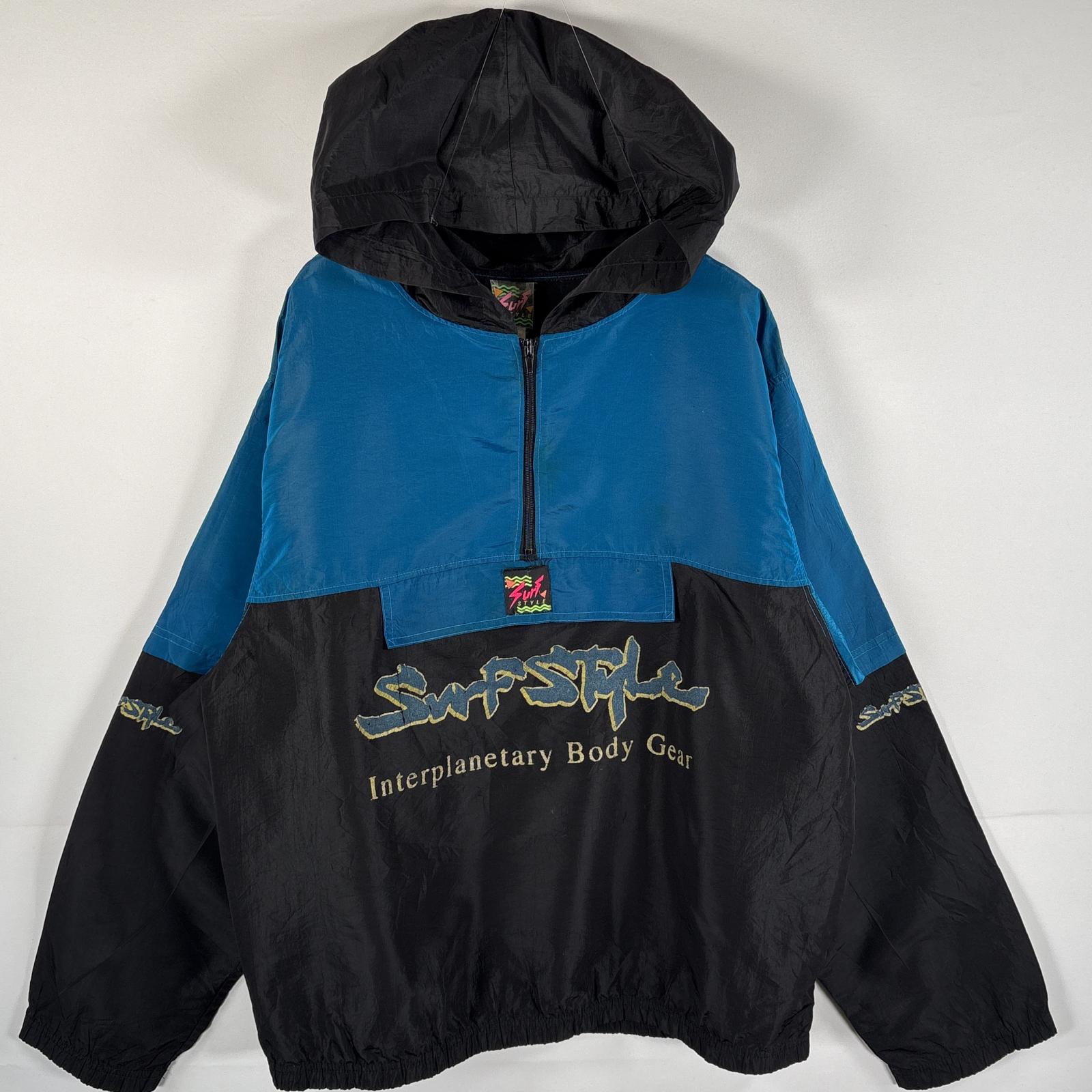 古着 90s/90年代 サーフスタイル SURF STYLE USA製 ナイロンプルオーバー ハーフジップ フーディー 不明 ブラック ブルー メンズ