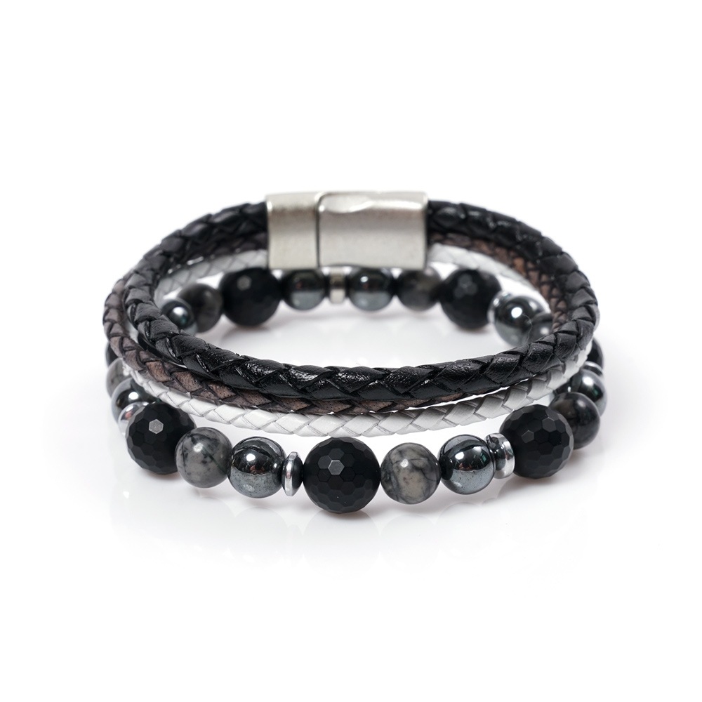 JBANSクラシックモノグレイ 001 モノトリプルライン 008 レザーブレスレットセット (Y2101-SE801_GR)