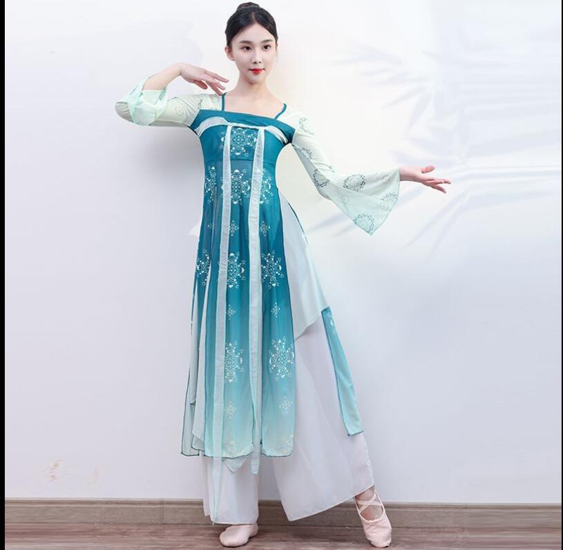 古典舞踊体韻紗衣女飄逸舞踏服漢服スカート練功服演技着