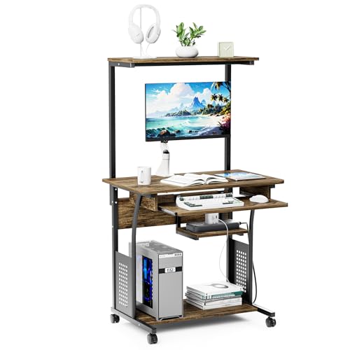 サイズ：0064 DEWEL パソコンデスク 机 pcデスク パソコンラック 収納ラック付き 木製