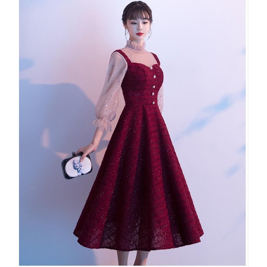 パーティードレス 袖あり ミモレドレス 大きいサイズ ウエディングドレス 30代 フォーマルドレス