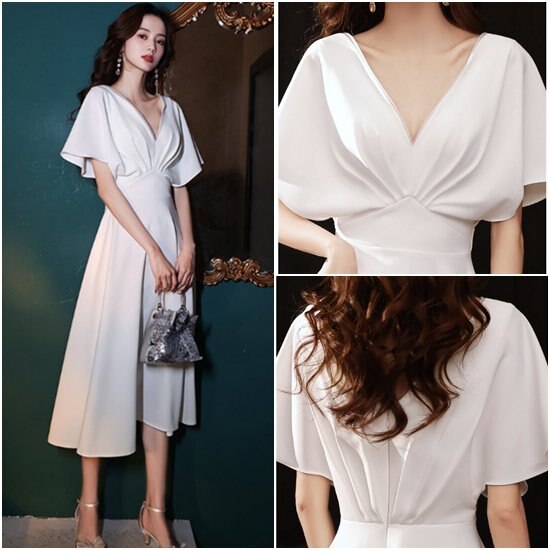 【取寄：納期2週間】ワンピースドレス 大きいサイズ 2XL 小さいサイズ XS Vネック 半袖 フレアスリーブ ロング丈 お呼ばれ フォーマル パーティードレス 無地 ふんわり エレガント