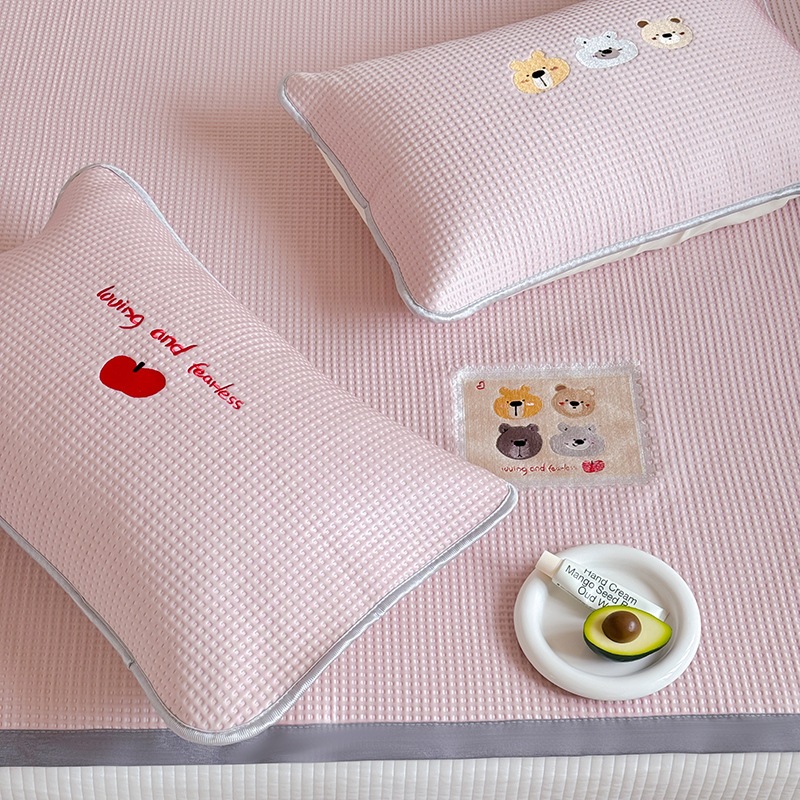 【急速出荷】ins小熊刺繍PE冷感ワッフルクール3点セットA類アイスシルクシートベッド笠エアコンソフトクールシート
