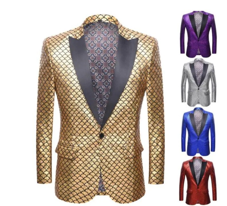期間限定30%割引 メンズスーツジャケット　光沢鱗柄スーツコート　一つボタン　きらきらタキシード　ジャズDSダンス衣装 舞台ステージ演出服　結婚式イベント司会者衣装　スタジオ撮影衣装　イベント年会コス 4,590円