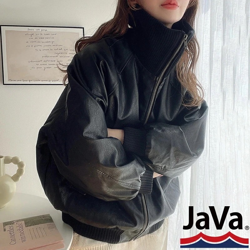 javaジャバコラボ トップス アウター レディース リブタートル フェイクレザー ジャケット 男女兼用 ユニセックス メンズ ゆったり ビッグシルエット レイヤード ロングシーズン 大きいサイズ