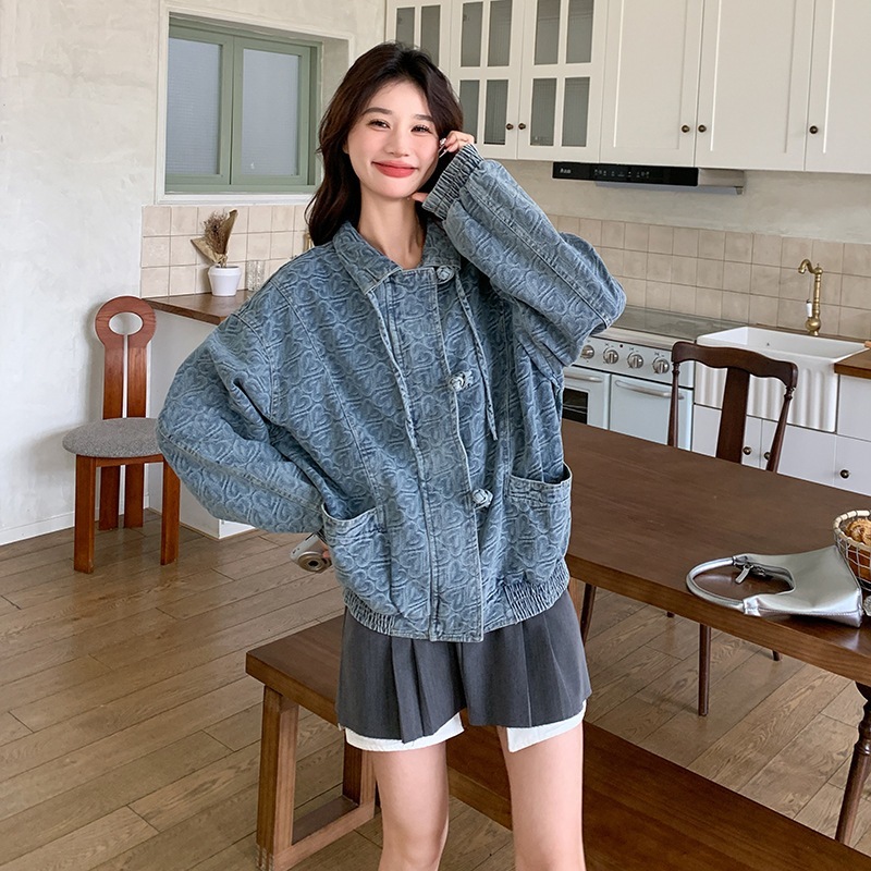 新しい中国のレトロなジャカードデニムジャケット2024新しい蝶ネクタイ小さな甘いクールなトップス