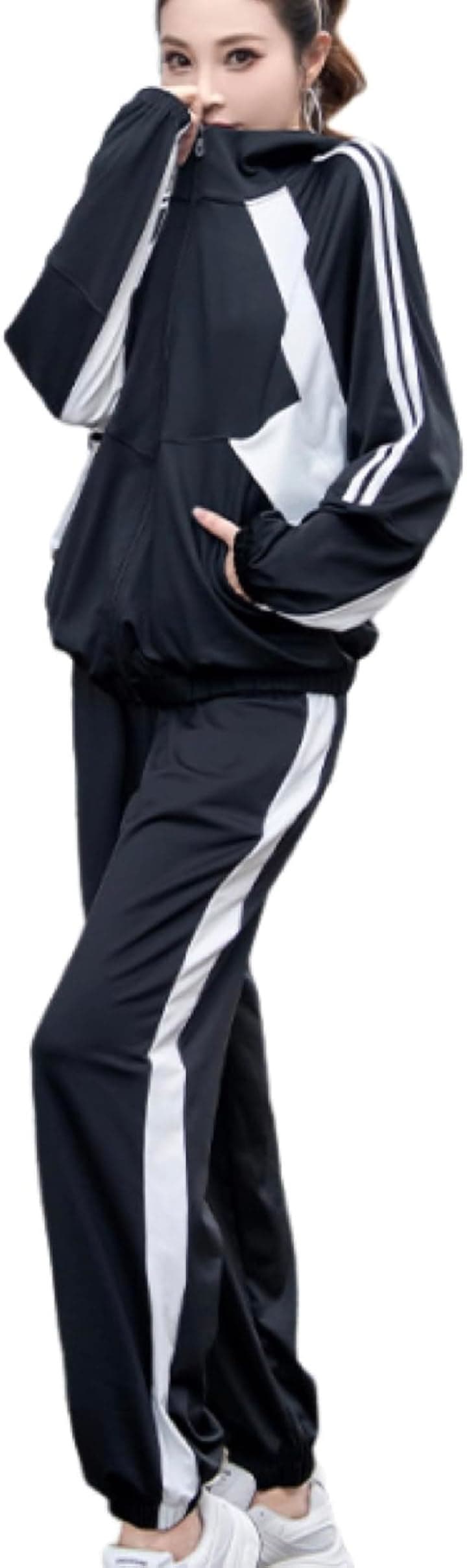 スポーツウェア レディース トレーニングウェア 初心者 ランニングウェア 上下 セット ヨガウェア ジャージ XXL ブラックxホワイト(ブラック/ホワイト, 2XL)