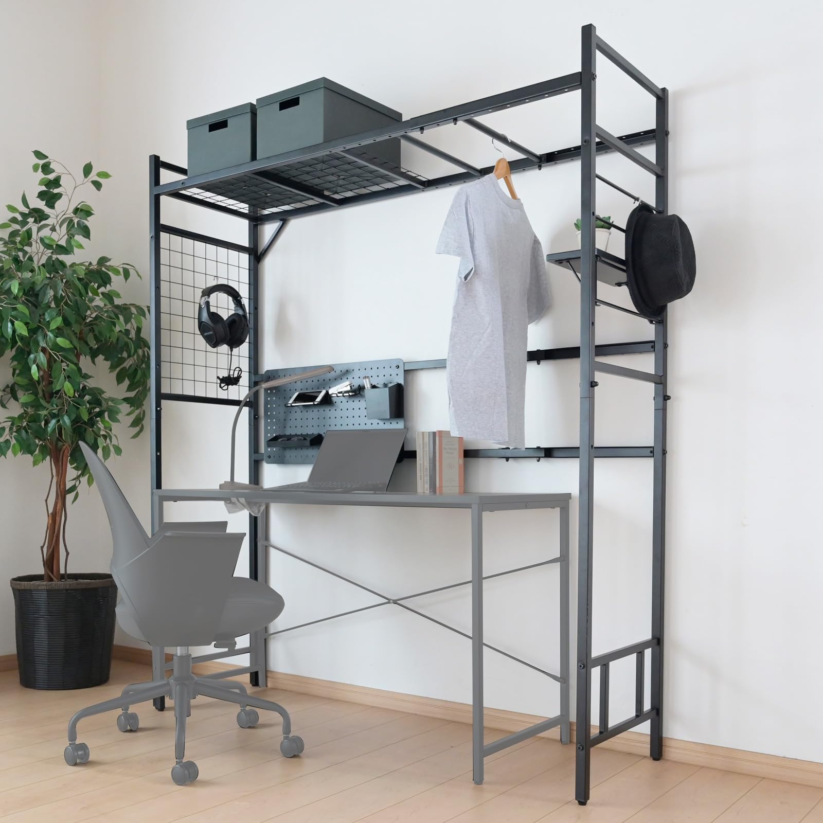 山善(YAMAZEN) ラック 伸縮 棚 ヘッドボード 大容量 収納 有孔ボード付き 幅121.5-151.5×奥行46×高さ175cm 収納ラック シェルフ 壁面収納 一人暮し 組立品 ブラック S