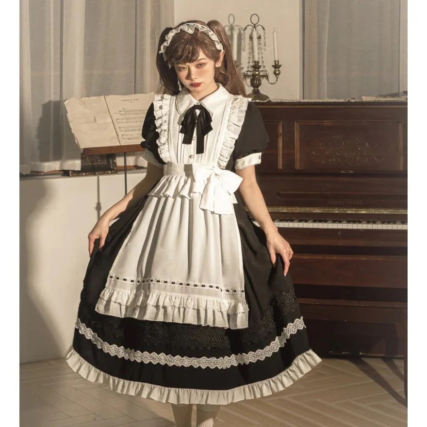 韓国 ロリータ メイド 3点セット 半袖 ワンピース エプロン メイドカフェ コスプレ 制服 リボン レース装飾
