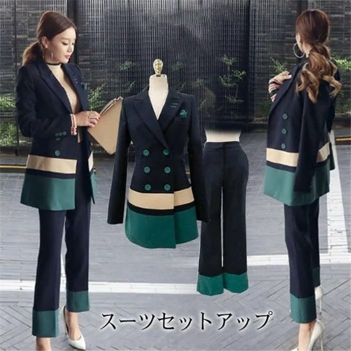 セットアップパンツスーツレディース上下セット2点セットスーツジlャケット30おしゃれ配色結婚式フォーマルスーツロング入園式卒業式セレモニー通勤オフィス4050
