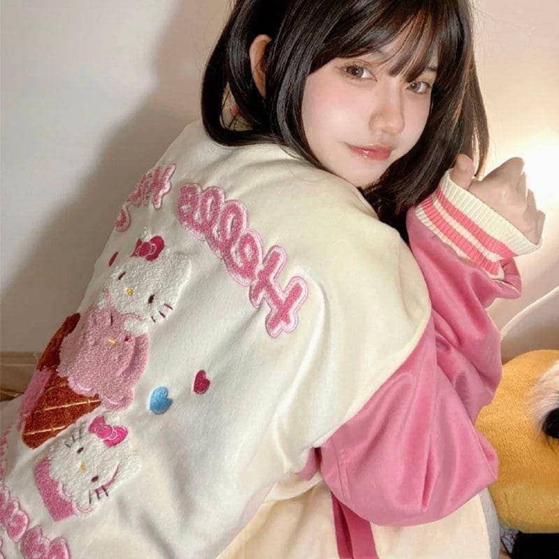 【2個買うと1個無料】Kitty野球服コート学生女子春秋新型衝突色ステッチカジュアル刺繍ゆるいデザイン感ジャケット
