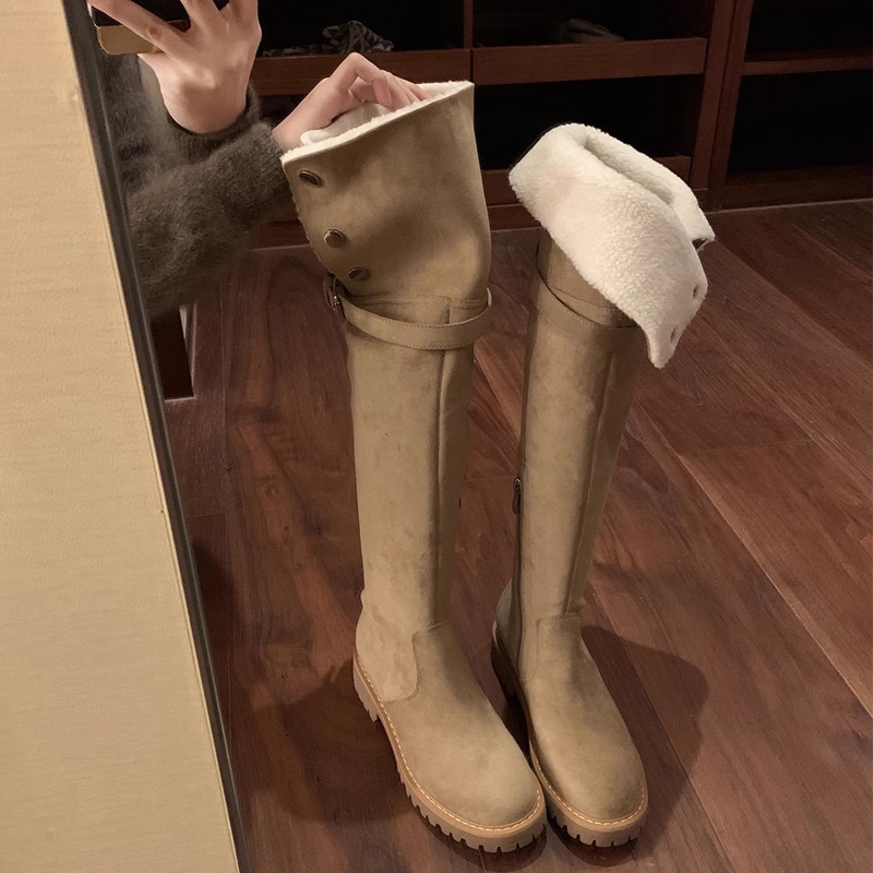 ミラノピクトリア冬の暖かいブーツ膝のブーツ丸いつま先スリムバックルスナップバックル太いかかとの弾性ブーツ 5,144円