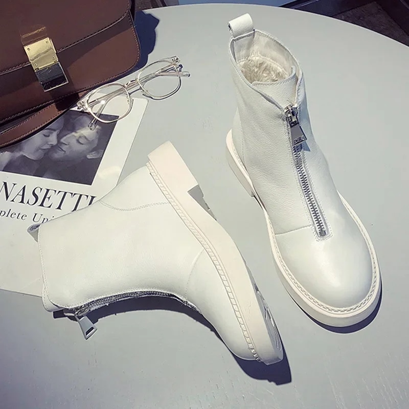 女性のための本革のブーツ 冬の靴 女性のためのベルベットの靴 通気性のあるブーツ フロントジッパー 白の本革のブーツ
