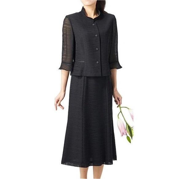 夏に涼しい紗織喪服 レディース ブラックフォーマル ロングスカートスーツ 日本製 5047
