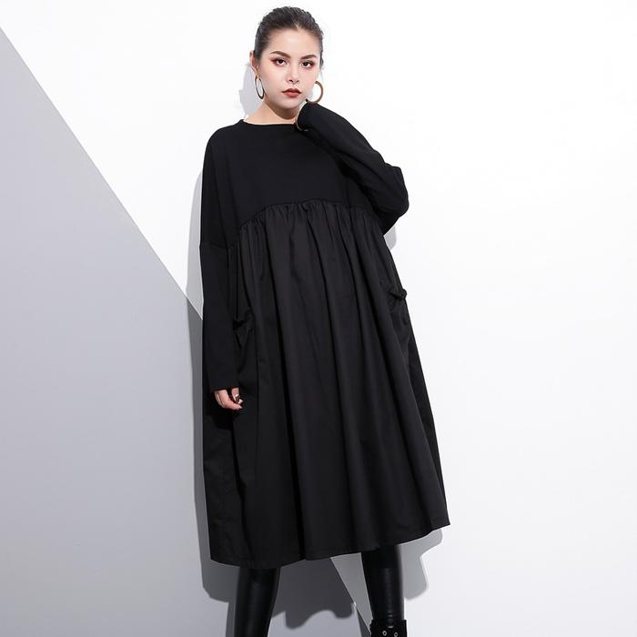 アシンメトリー プリーツTシャツワンピース 長袖 レディース 上品 ロングTシャツ ロング ワンピ ワンピース ヘムカット アシメ イレギュラーヘム ゴシック 黒 ブラック ドレープ Aライン ゆった