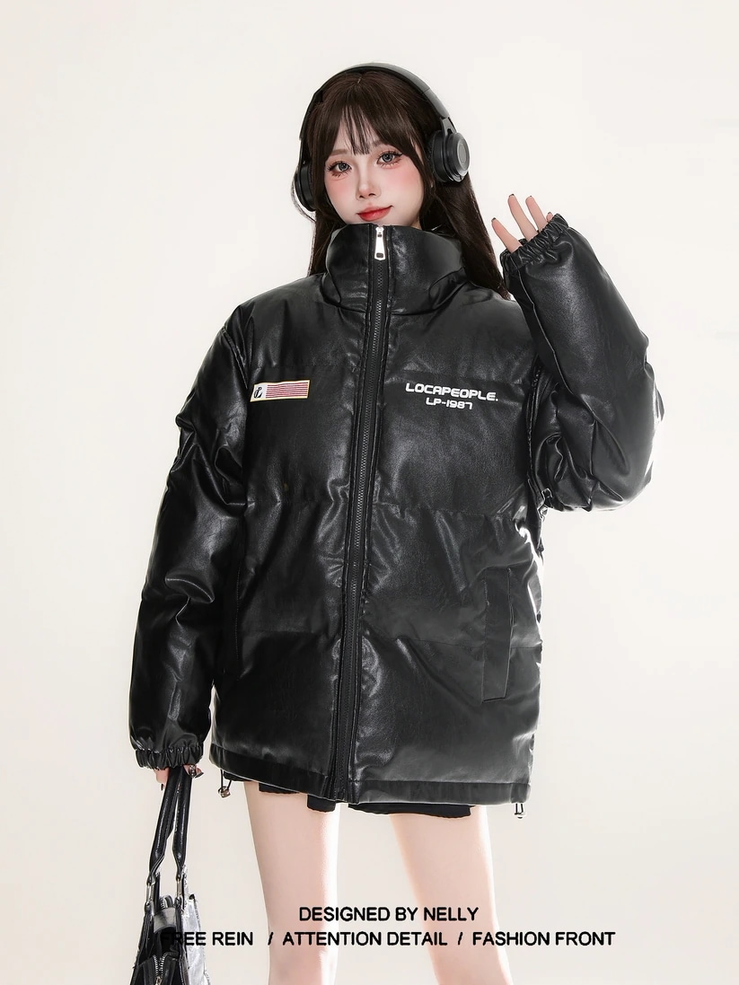 ふっくら中綿 あたたかい冬 韓国防寒あったか暖かいかわいいブルゾン厚手アウターBF風無地羽織るハイネックファッション系大人ゆったりカジュアルストリートスタンドフェイクサイズ丈シルエットレディース黑