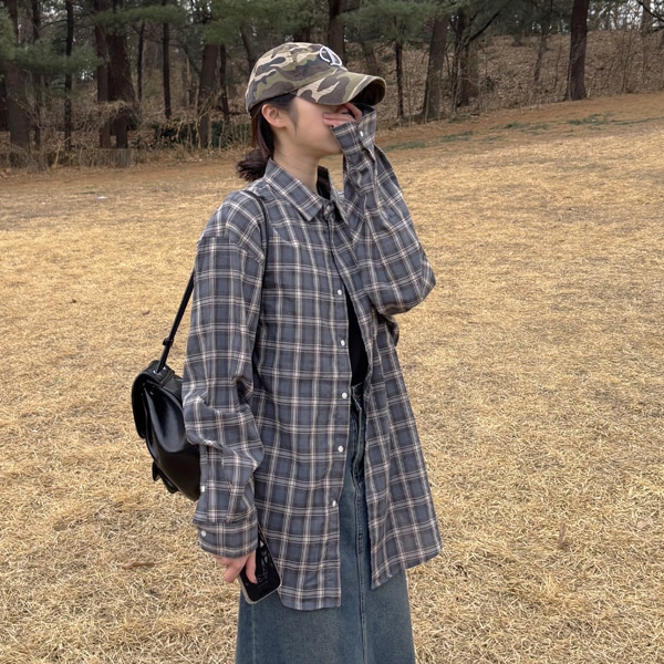 韓国ファッション クラシック 男女共用 オーバーフィット チェック シャツ シャツ