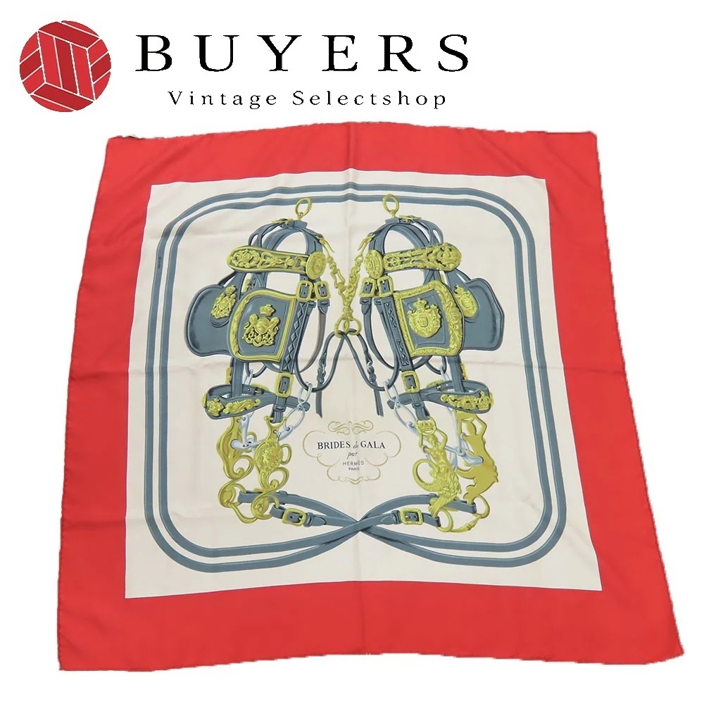 中古 スカーフ カレ90 シルク レッド ゴールド グレー 式典用馬勒 アパレル レディース 女性