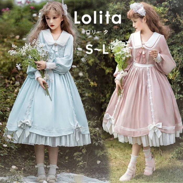 ワンピース レディース 長袖 ミモレ丈 ロリータワンピース クラロリ ピンク ブルー lolita リボン ロリータ 小柄 可愛い 着瘦せ 仮装 日常 コスプレ コスチューム 学生 女の子 ゴスロリ
