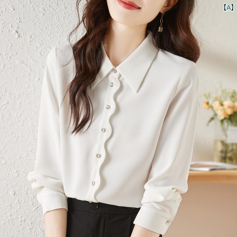 レディース 婦人 女性用 トップス シャツ ブラウス シフォン 長袖 シンプル エレガント オフィス ビジネス カジュアル フォーマル スカラップ