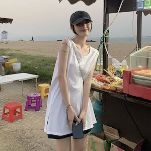キャミソール2022韓国ファッション 夏 袖なしT袖 百掛け ゆったり外はロングベスト