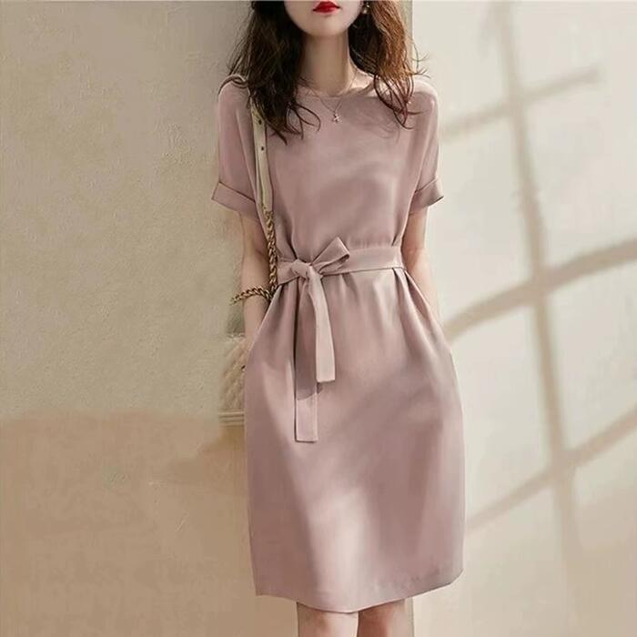 ワンピース ドレス 袖あり フレンチスリーブ エレガント レディース きれいめ カジュアル おしゃれ 半袖 大人 可愛い ミモレ丈 ひざ丈 ウエストリボン ピンク ブルー 青 グリーン 緑 春 秋 夏