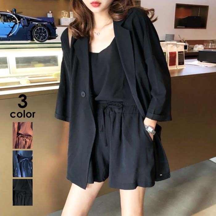 セットアップ レディース 3点セット 7分袖 ジャケット キャミソール ショートパンツ ゆったり ウ