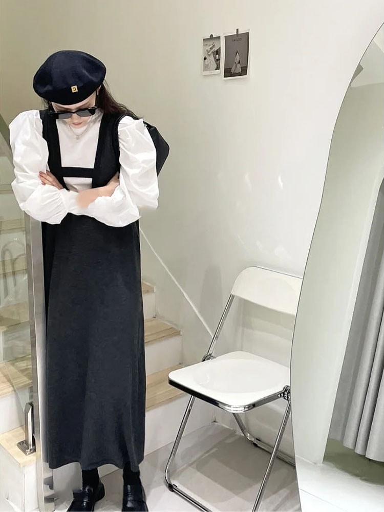 【セット】パフスリーブトップス＋ブラックサスペンダースカート ワンピース set up ツーピース ２点セット レディース 可愛い オシャレ モード系 ママコーデ オフィスコーデ デートコーデ