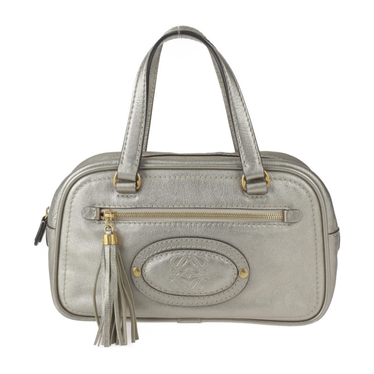 美品 LOEWE ロエベ ミニボストンバッグ - ハンドバッグ レザー ゴールド系 アナグラム タッセル フリンジ【本物保証】