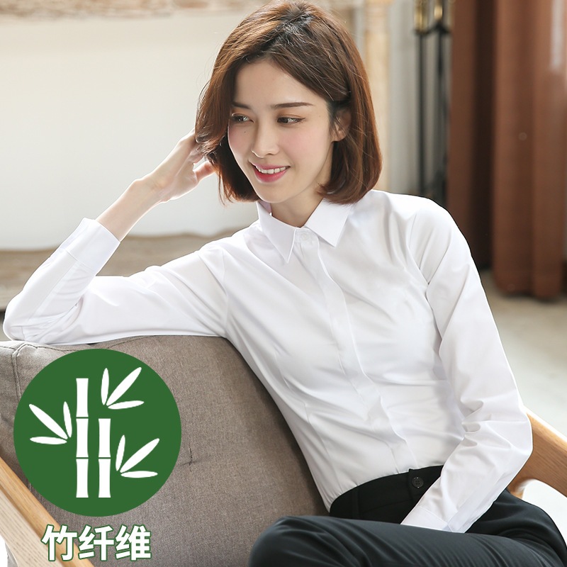 【1つ買うと10つ無料】シューファン竹繊維ホワイトシャツ女性の長袖の春と夏の正方形の襟専門服作業服女性ホワイトシャツ