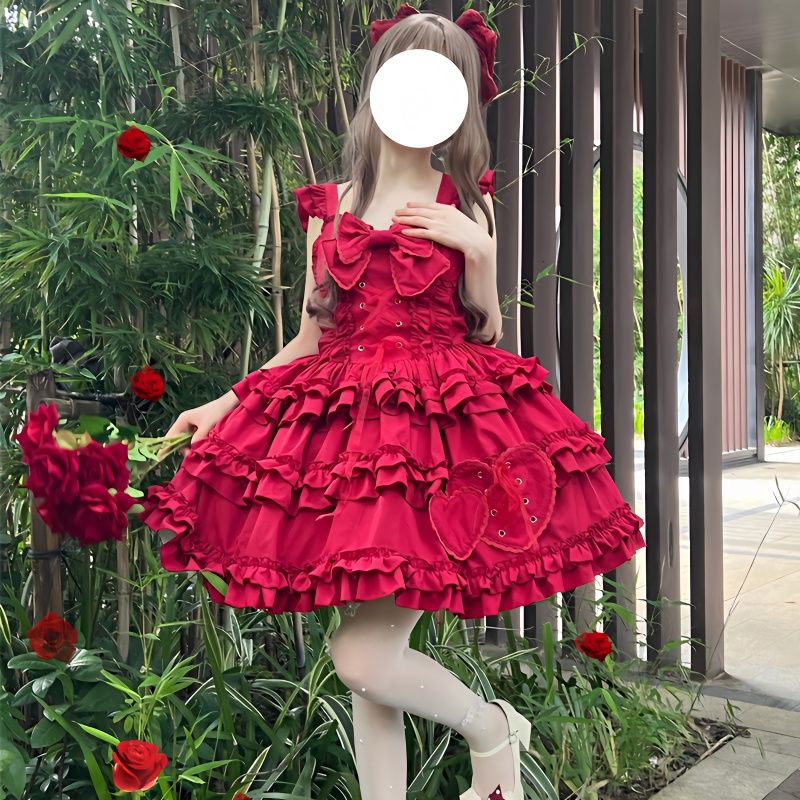 【韓嬢♯熊ジャズ】ゴスロリ・ロリータドレスロリィタ　jskサスペンダードレス　赤 楽天市場】サマー /Lolita系/熊doll 長袖/ワンピース JSK ドレス