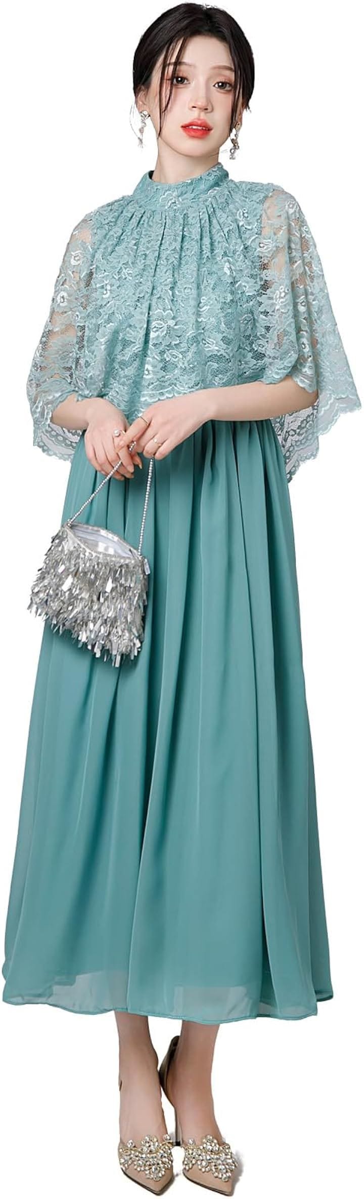 結婚式ドレス ケープ付き ロング レース お呼ばれ 袖あり ミモレ丈 体型カバー Aライン フォーマル(シアン, L)
