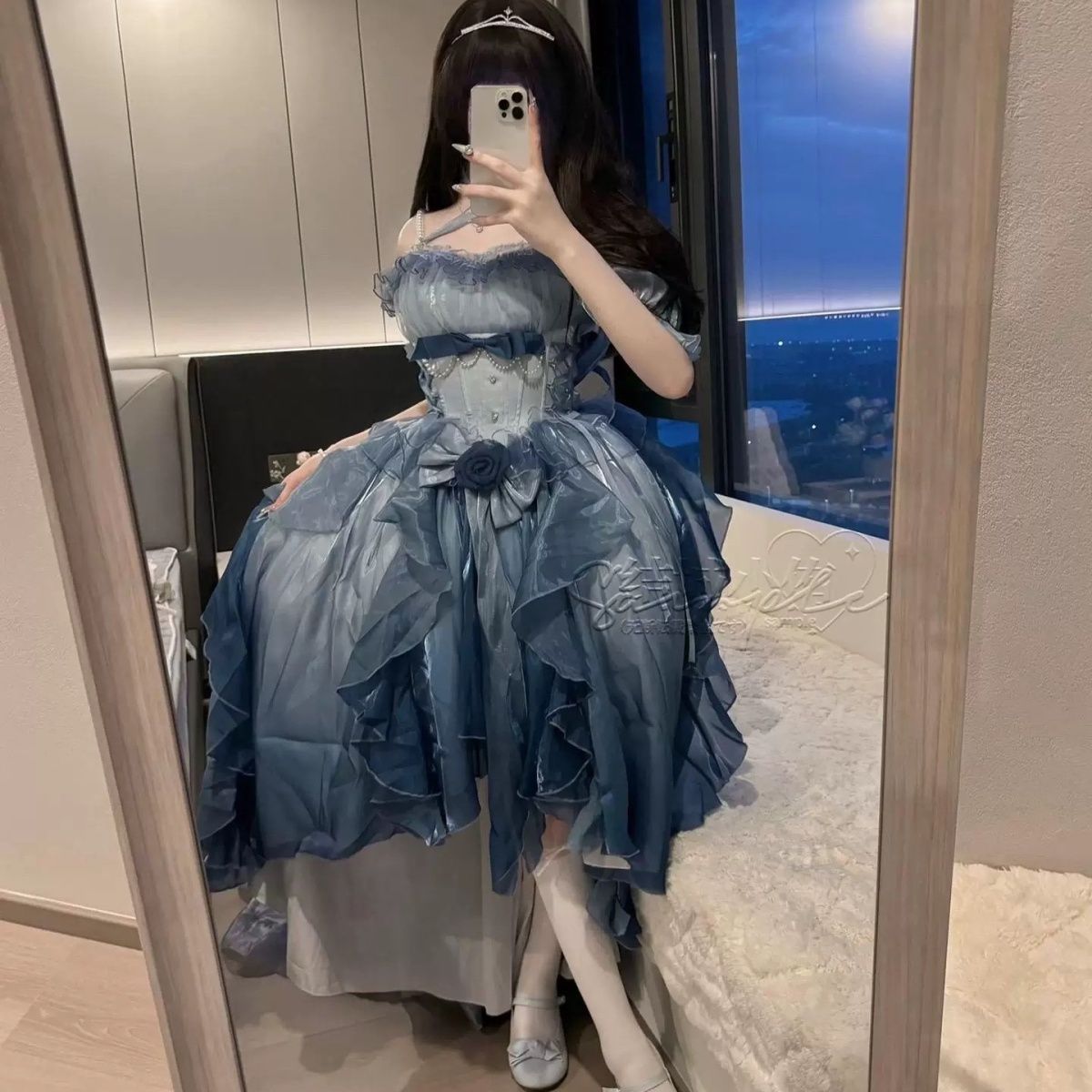 【2枚購入で 3oo円OFF！】ブルーファッショナブルなフロントショートバックロングウェディングドレスロリータドレスロリータテールパフプリンセスドレス