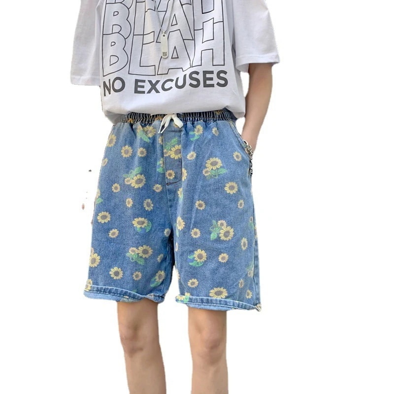 デニムパンツメンズヒマワリストリートファッションフローラルルーズワイドイージーパ