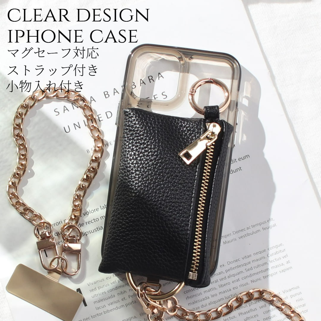 iphone ケース クリア 小銭入れ付き iphone16 iphone15 iphone14 13 12 mini チェーン ストラップ magsafe マグセーフ 15 16 マグネット 14