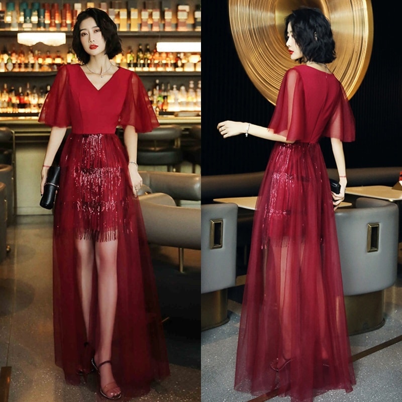 レディース パーティードレス ワンピース ドレス スカート ハイウエスト 袖あり 半袖 Vネック メッシュ 透け感 ロングドレス ロング マキシ 大人可愛い セクシー エレガント