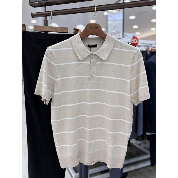 男性洗濯可能なウォッシャブルコットン100%ストライプポロカラーネック夏半袖ニットトップTシャツ2色_JK