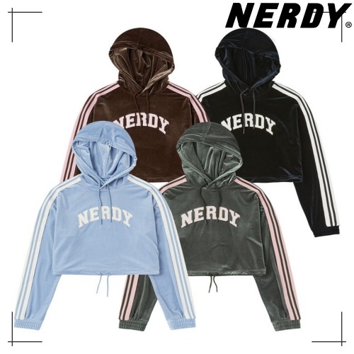 NERDY公式 ベロア クロップ フード Womens Velvet Arch Logo Cropped Pullover Hoodie