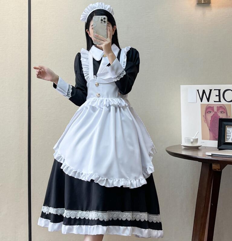 迅速な出荷 4点SET メイド服 大人 長袖 メイドコスチューム ロング ミモレ丈 ワンピース 裾フリル お姫様 可愛い メイドコス エプロン ウェイトレス レディース 貴族 cosplay 髪飾 フ
