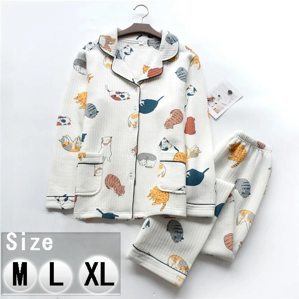 ルームウエア パジャマ 猫柄 セットアップ 部屋着 パンツ 長袖 レディース リラックスウェア 暖かい 前開き ゆったり ふんわり 体型カバー 春 秋 冬 可愛い かわいい プレゼント ギフト M/L