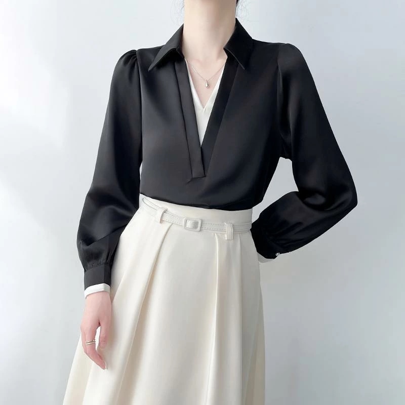 ブラウス オフィス 秋冬 レディース モノトーン バイカラー 重ね着風 シャツ 通勤 トップス ビジネス フォーマル ファッション シンプル 上品