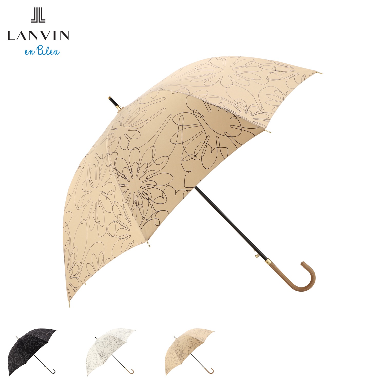 長傘 雨傘 レディース 60cm 耐風 軽量 手書きフラワー ブラック オフ ホワイト ベージュ 黒