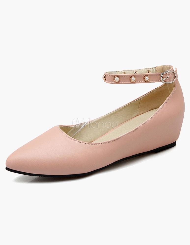 女性のためのピンクの真珠ポインテッドトゥPUフラッツ