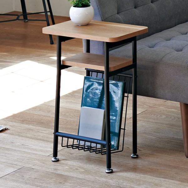 サイドテーブル 高さ56cm ミルド ソファサイド ベッドサイド テーブル 木目調 スチール脚 棚 ラック 収納 ソファテーブル マガジンラック スリム コーヒーテーブル ベッドサイドテーブル